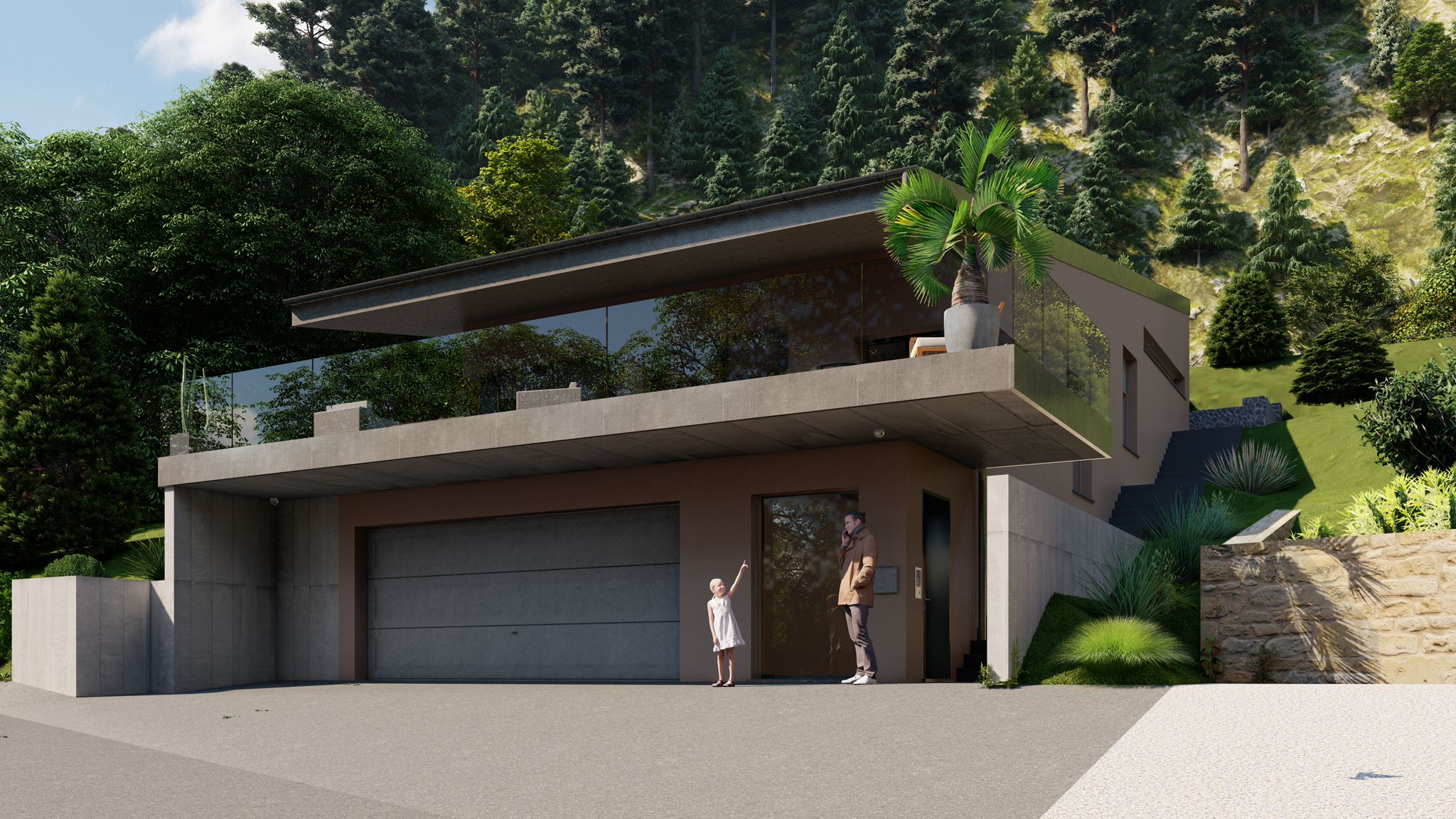 Entrée principale de la villa contemporaine à Noiraigue