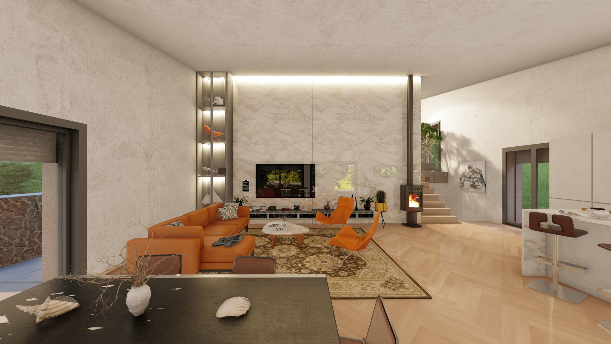 Séjour lumineux avec cheminée et finitions haut de gamme