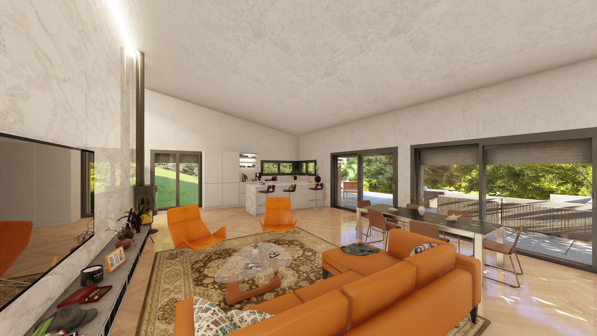 Espace de vie ouvert séjour cuisine avec baies vitrées