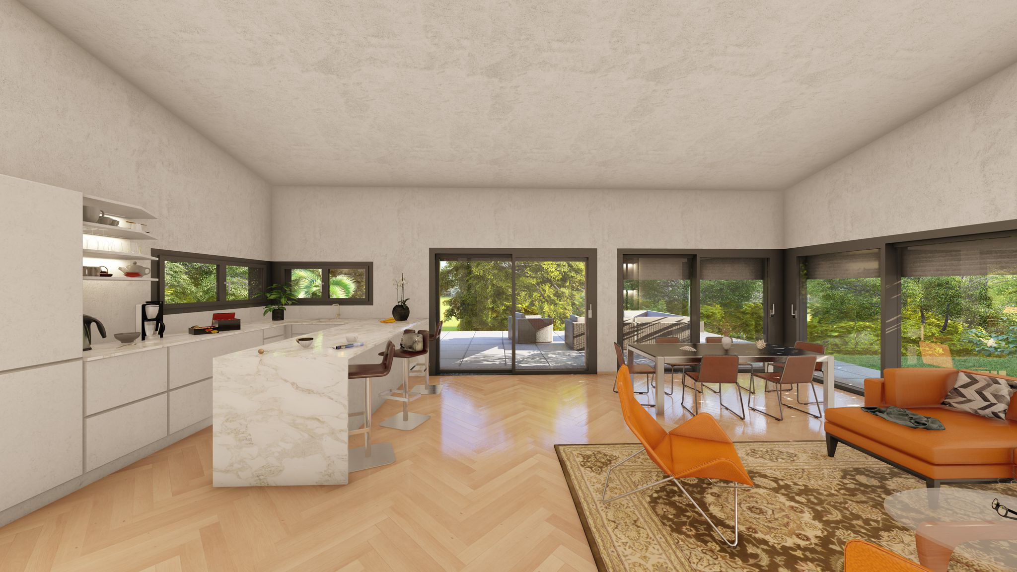 Cuisine moderne ouverte avec îlot en marbre