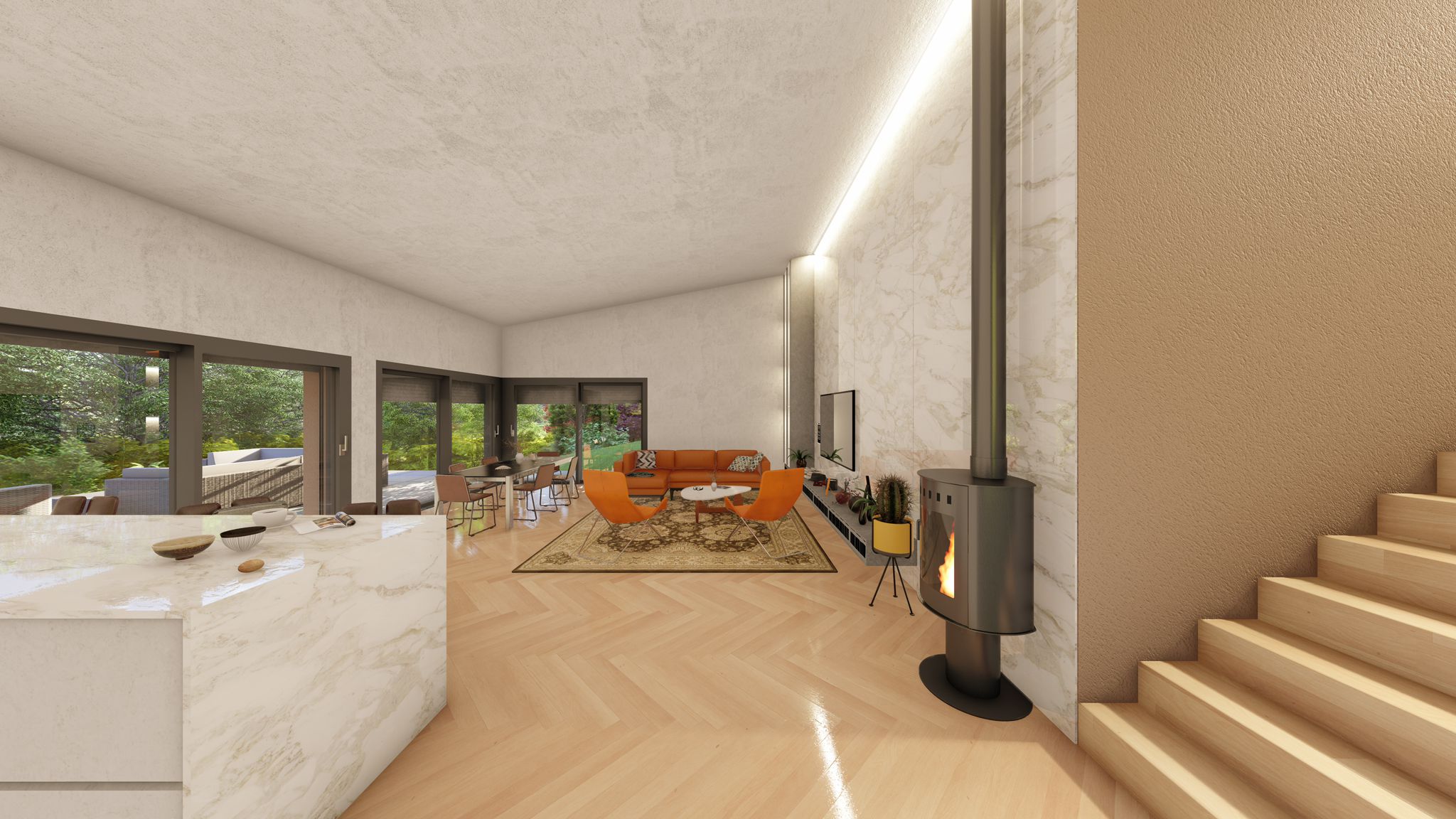 Salon avec poêle à bois et escalier vers l'étage