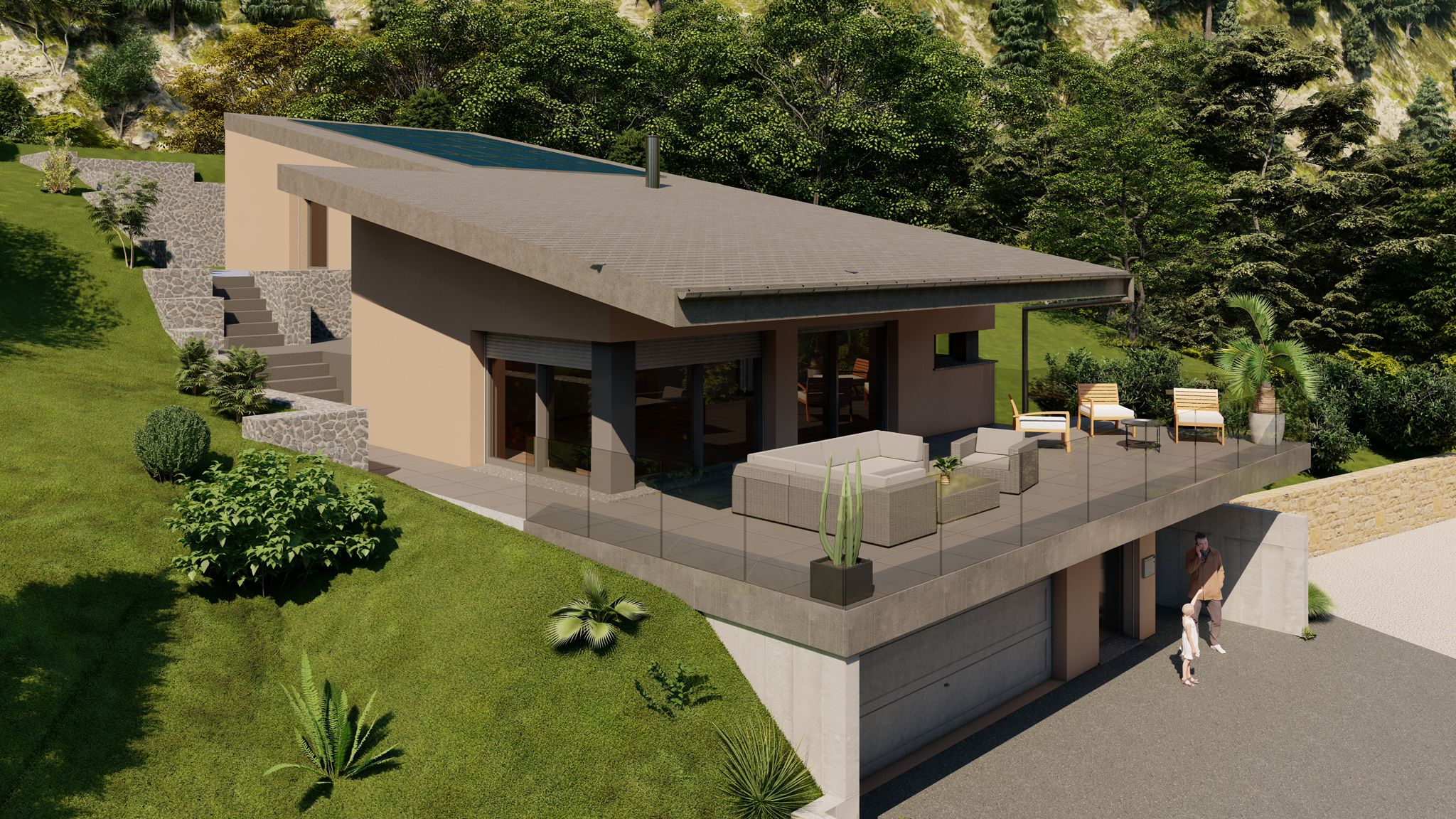 Vue d'ensemble de la villa Nova Home à Noiraigue avec terrasse